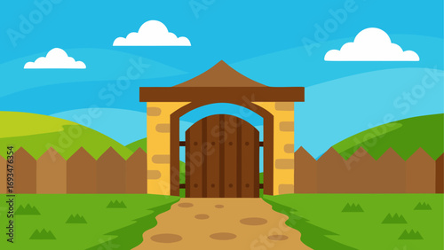 Cartoon gate with clouds and green hills