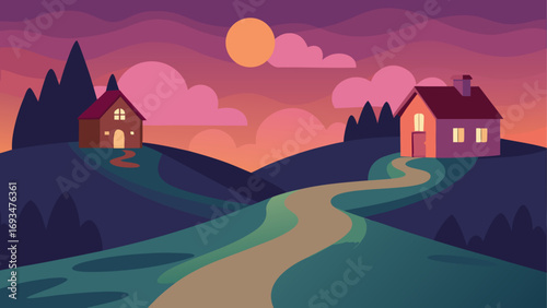 Houses landscape with sunset and winding road