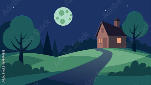 House on hill under the moon at nighttime
