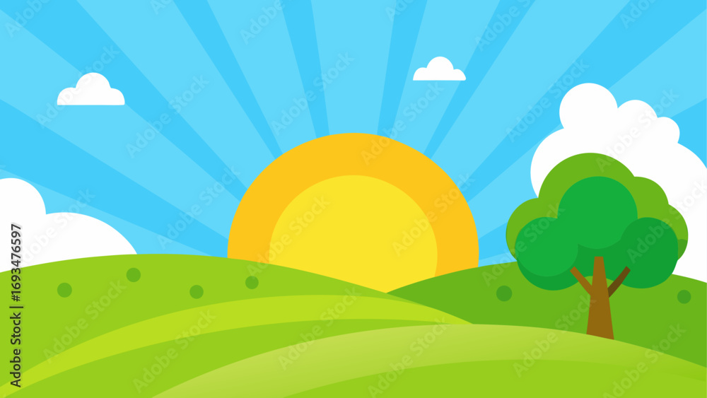 Fototapeta premium Cartoon landscape with sun and green hills