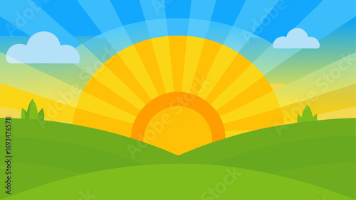 Cartoon sunrise over green hills and clouds