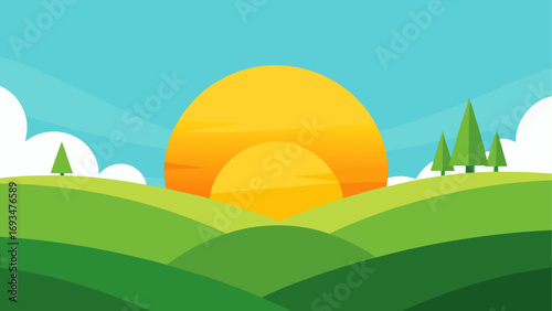 Cartoon landscape with sun and green hills
