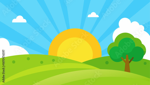 Cartoon landscape with sun and green hills