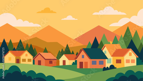Illustration of houses with mountain view
