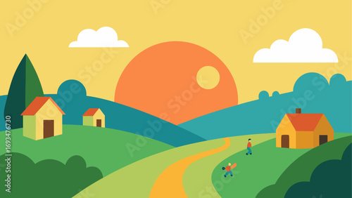 Cartoon landscape with river and flowers