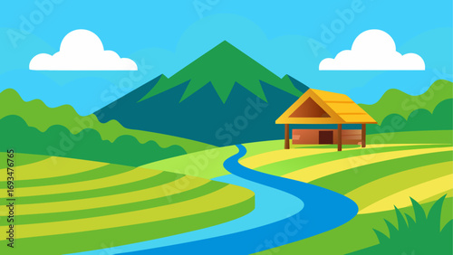 Cartoon landscape with house and mountain