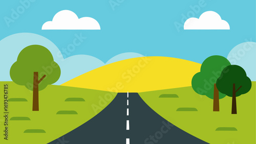 Cartoon landscape with road and trees art