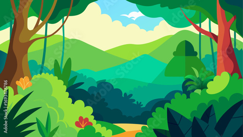 Illustration of a bright jungle landscape