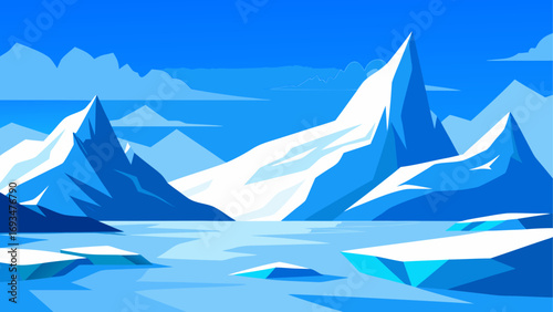 Arctic landscape with mountains and icebergs
