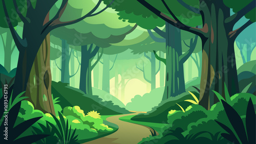 A cartoon forest with a winding pathway view