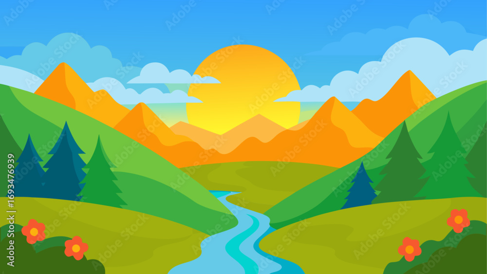 Fototapeta premium Landscape with river and mountain scene art