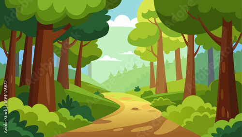Cartoon forest path with green trees view