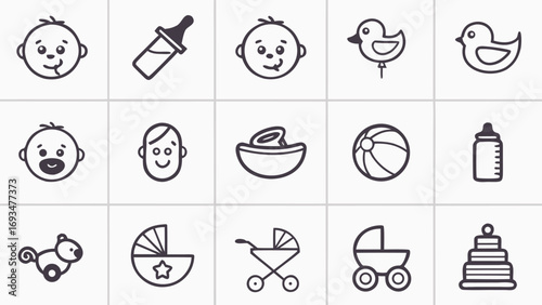 Assortment of Baby and Child Related Icons in Outline Style infant toddler