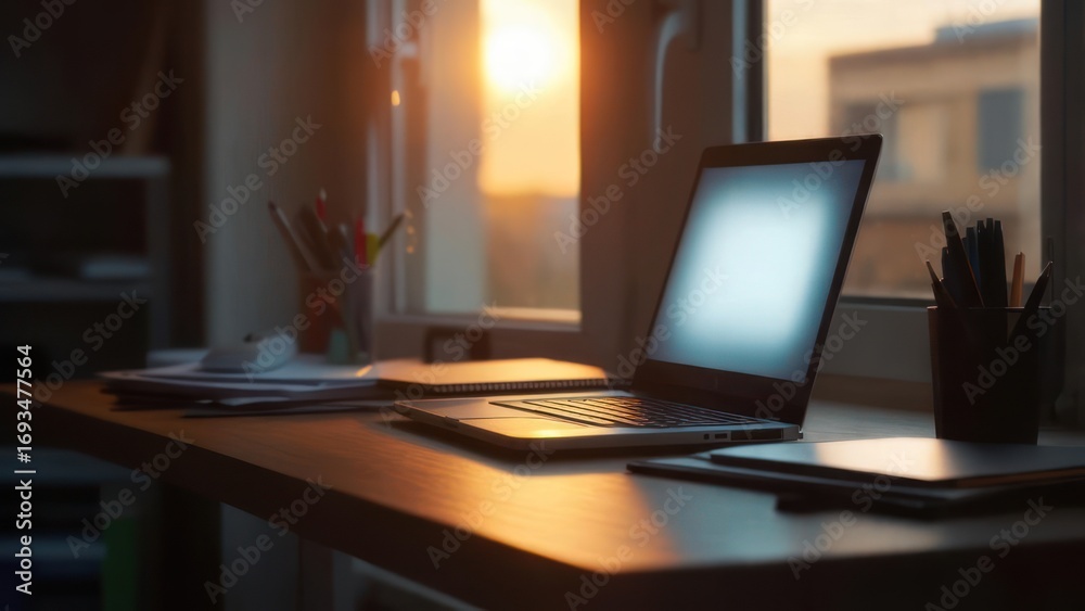 custom made wallpaper toronto digitalLaptop on desk, sunset view