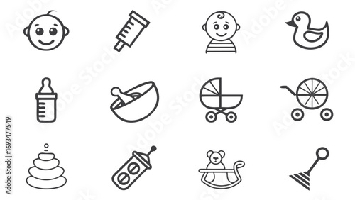 Baby And Child Care Icons Including Stroller Duck And Rocking Horse vector illustration