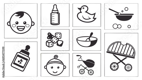 Black and white illustrations of baby items and toys infant child