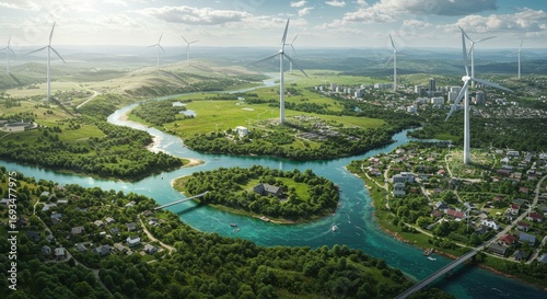 Sustainable Cityscape with Wind Turbines and River