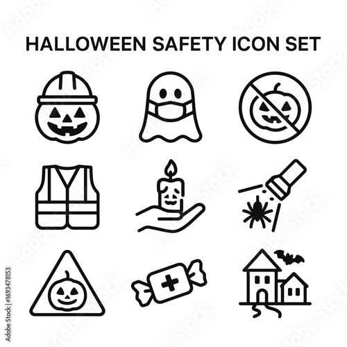Halloween safety precaution vector icons set. Outline symbols. Line design
