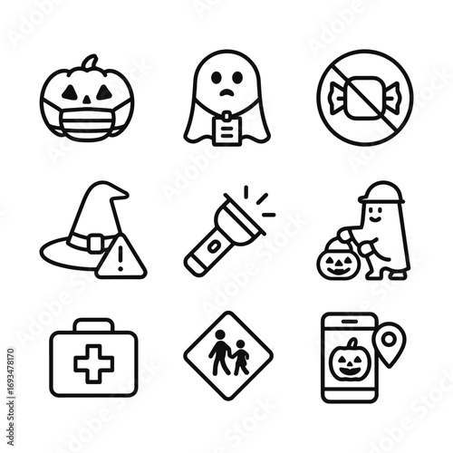 Halloween night safety vector icons. Outline symbols. Line design