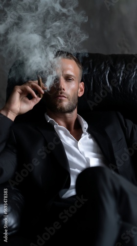 Relaxed man in a suit, smoking a cigar