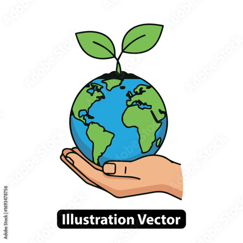 Caring for the environment with a hand holding the globe and a new green plant growing