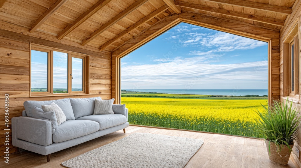 Fototapeta premium Modern Interior with Panoramic Window View of Yellow Flower Field Landscape