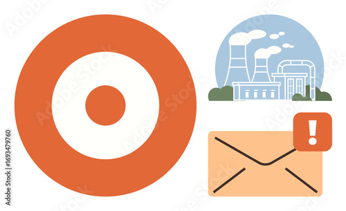 Factory with emissions shows industry impact orange target for focus email with alert for notifications. Ideal for climate change, environment, industry impact, alerts, communication, pollution