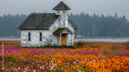 Weathered white church stands in a field of colorful flowers near a forest.