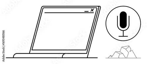 Laptop with open screen, microphone icon, and crumpled paper representing audio recording, creativity, content creation, technology tools, innovation, podcasts, remote work simple landing page