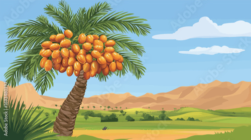 Detailed Colorful Vector Palm Trees in Desert – Vibrant Tropical Landscape Illustration with Exotic Oasis, Sand Dunes, and Nature Elements for Creative Design Projects
