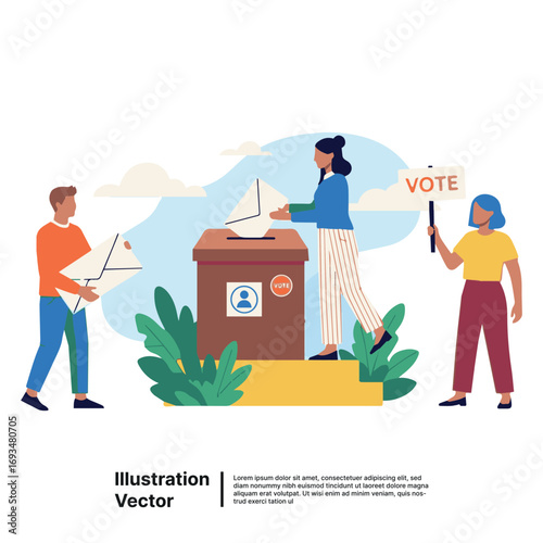 Voting Process Illustration People Casting Ballots, Participating in Elections for Democracy