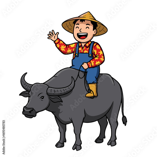 A smiling farmer rides a water buffalo, waving warmly in a rural cartoon scene.