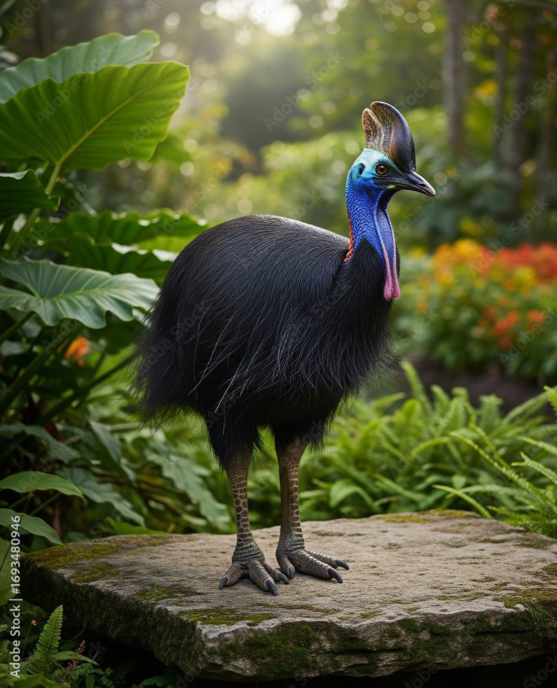 Naklejka premium A vibrant, colorful cassowary stands alert on a mossy stone platform in a lush, green tropical garden. The background is filled with a variety of foliage and flowers, and sunlight shines down on the b