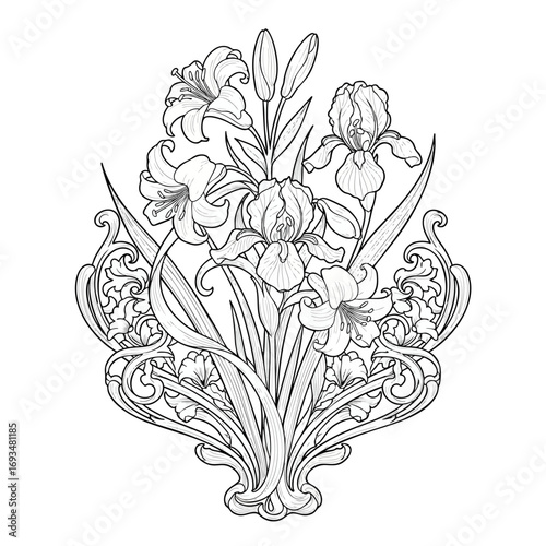 Elegant Art Nouveau line art illustration of a floral bouquet with iris and lily flowers.