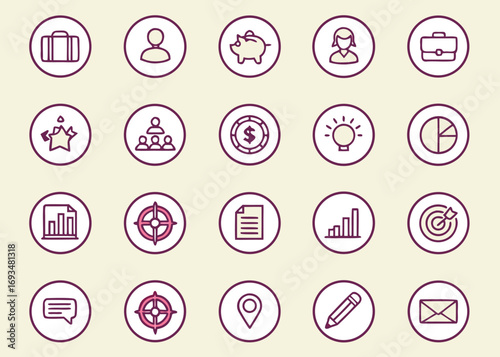 Business and finance icons in circles including briefcase people piggy bank and charts