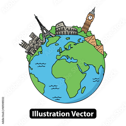 A whimsical cartoon globe featuring famous historical landmarks for a global travel adventure