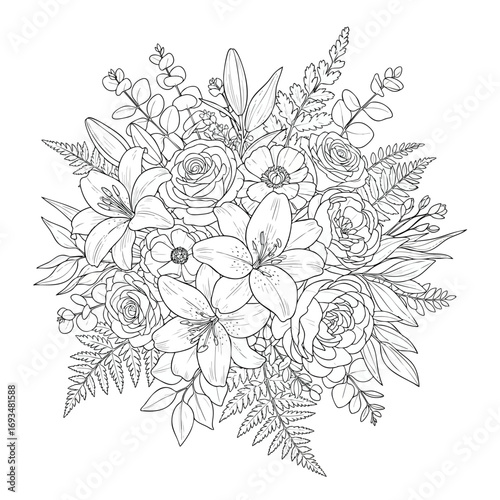 Wallpaper Mural Elegant black and white line art illustration of a floral bouquet with lilies roses and ferns. Torontodigital.ca