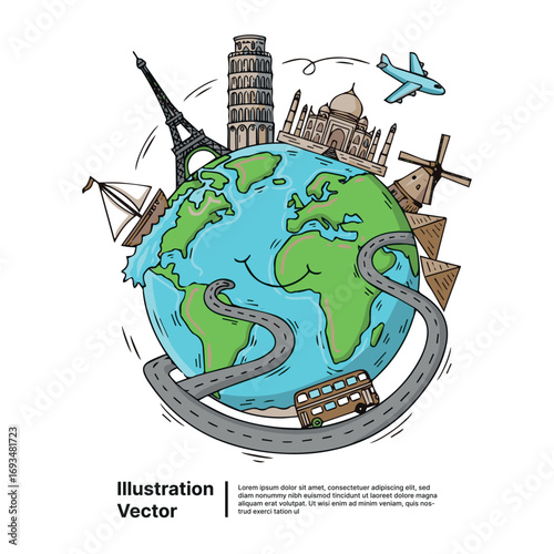 Globe Illustration Showcasing Famous Landmarks and Traveling Concepts for Global Exploration
