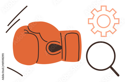 Orange boxing glove in action with a cogwheel and magnifying glass nearby. Ideal for teamwork, strategy, competition, analysis, problem-solving, business challenges, performance. Simple flat metaphor