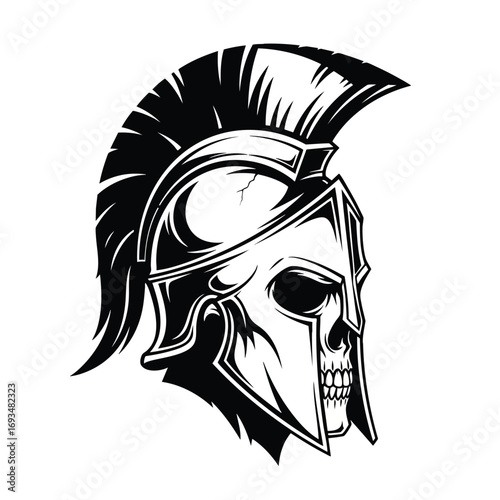 Monochrome illustration of a skull wearing a crested Spartan warrior helmet.