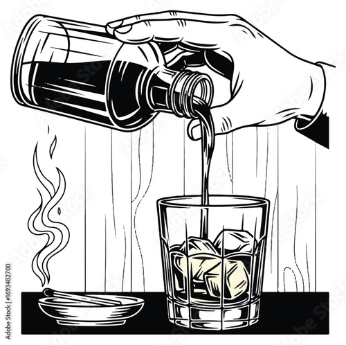 A hand pours a dark liquid from a bottle over ice cubes in a glass, with a lit match smoldering in an ashtray nearby.