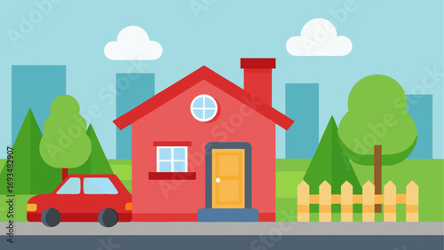 Cartoon house with car and city backdrop