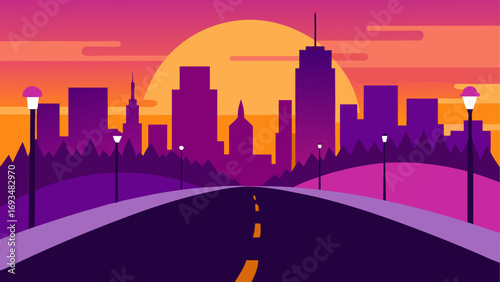 Colorful cityscape with bridge illustration