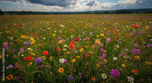 Vibrant Wildflower Meadow Under Dramatic Sky