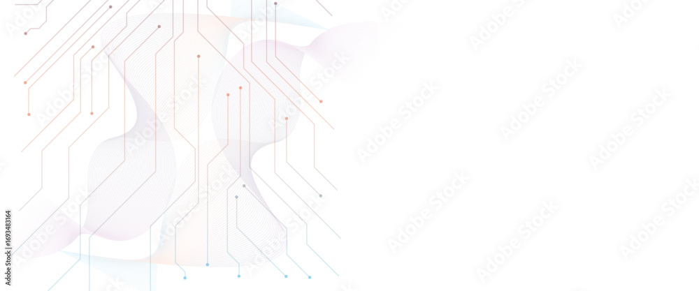 Obraz premium AI semiconductor with neon square frame and circuit board with white thin line wires and components.