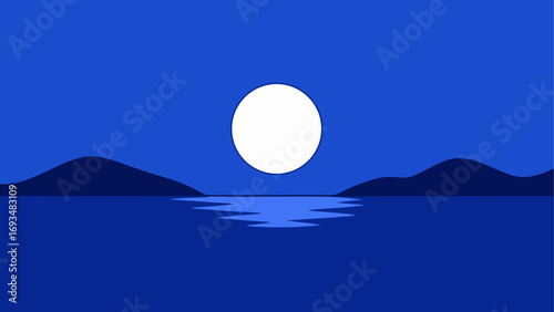 Moon over water with distant land shapes