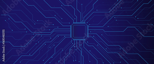 AI chip on a dark blue technology background. Computer processor. Abstract polygonal microchip.