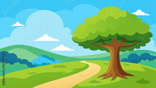 Cartoon landscape with tree and pathway