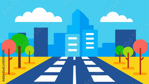 Cityscape with road and trees cartoonish