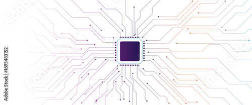 AI chip glows bright white and pink neon light. Tech background. Circuit board layout